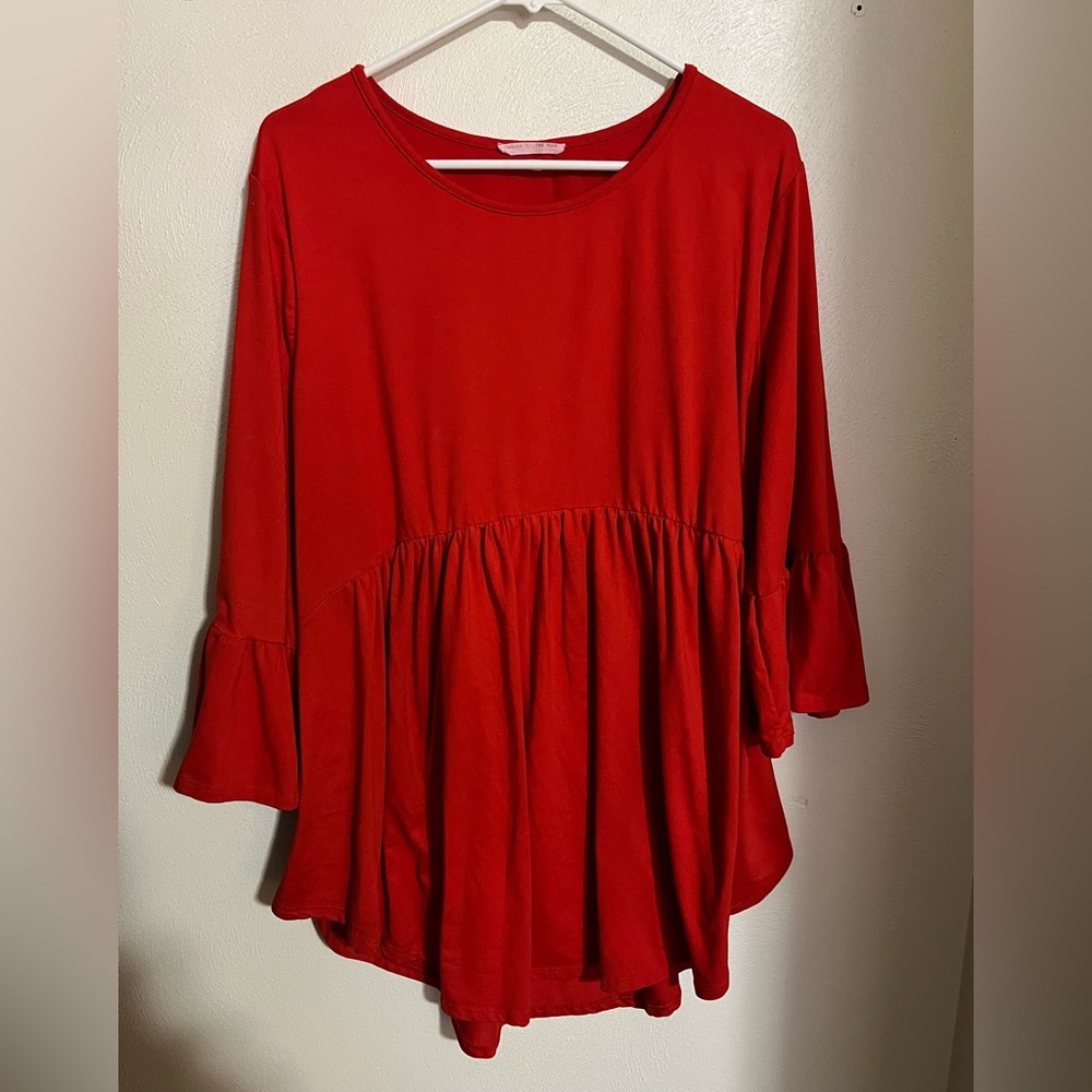 REBORN J Classic Peplum Babydoll Blouse with Bell Sleeves Red Women's Size 2XL